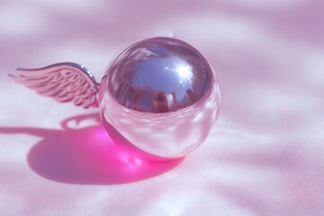 futuristic fashion display, shiny chrome display with silver sphere reflecting pink light, transparent wings, cream surface, wide space