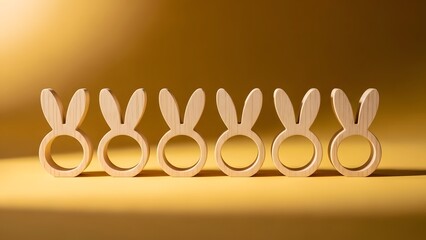 A row of wooden bunny-shaped napkin rings on a yellow background