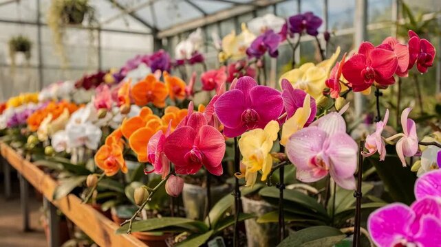 Medium shot of tiered display benches filled with vibrant tropical orchids in full bloom focused on delicate petals with a softly blurred greenhouse background.