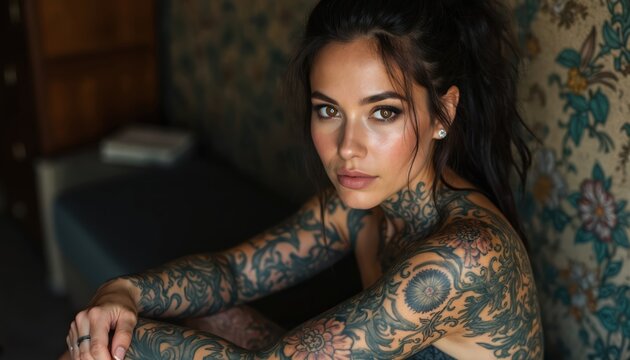 Woman with full body tattoos sits indoors. Her arms and neck show intricate designs. She looks at camera with serious expression. Background has floral wallpaper.
