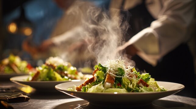 Caesar salad prepared tableside in restaurant setting, motion blur of servers tossing salad, cinematic feel