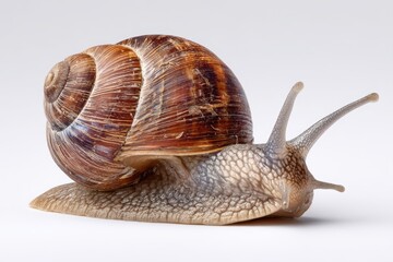 Macro close-up of a garden snail on a pure white background