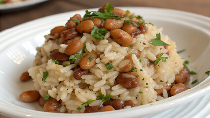 Close-up detail of rice and beans portion of the dish.