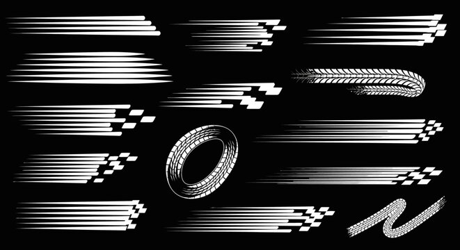Set of white speed lines and tire track design elements on a black background.