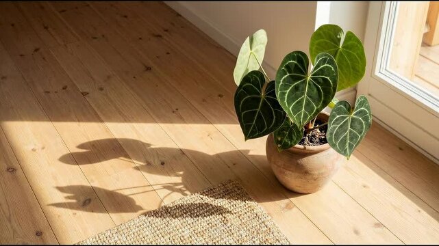 Anthurium magnificum, displaying the beauty of the leaves, sitting in pot, captured by camera in natural light. 