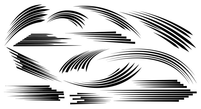 Set of various dynamic black speed lines and motion trails to illustrate fast movement, on an isolated white background.