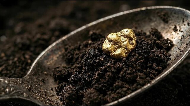 A close-up shot of a small, shimmering gold nugget nestled among dark soil in an antique metal spoon, evoking the allure of wealth. 