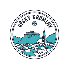 Naklejka premium Stylized circular logo of Český Krumlov featuring its iconic castle, church, and old town buildings under a sun, in a teal and white color scheme, perfect for travel branding.