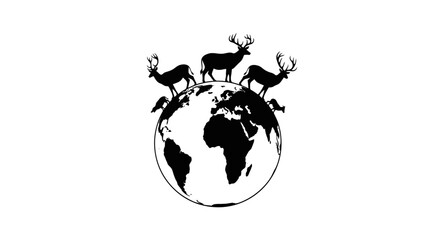 Earth Globe with Deer Silhouettes Representing Global Wildlife on Isolated White Background
