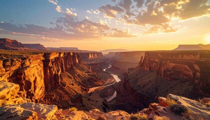 Desert canyon panorama, warm magic hour light