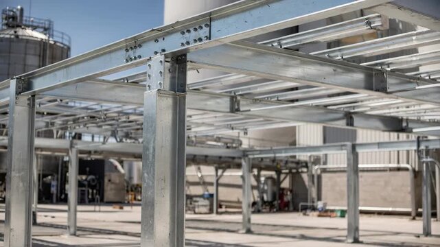 Daytime medium shot capturing sleek metal structural framework of a gin plant central beams sharp with blurred conveyors and storage facilities behind.