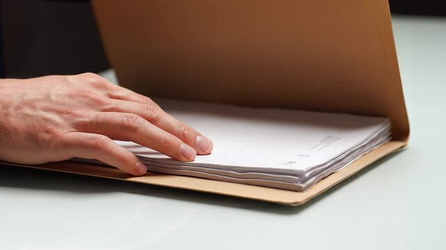 Businessperson Gently Places Stack of Documents into Manilla Folder on Desk