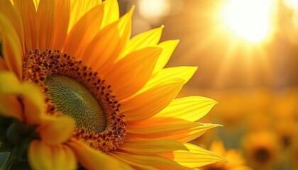 Fototapeta premium Close-up of a bright yellow sunflower head with radiating sunbeams. Soft petals glow in warm sunlight creating a peaceful and vibrant natural scene.