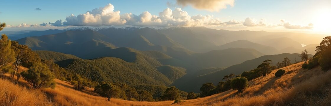 Golden hour light bathes rolling hills and distant snow capped mountains. Dry grasses cover foreground slope with scattered trees. Expansive mountain range panorama under blue sky with clouds.