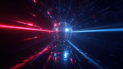 Fototapeta premium Glowing disco ball with red and blue light streaks in dark space.