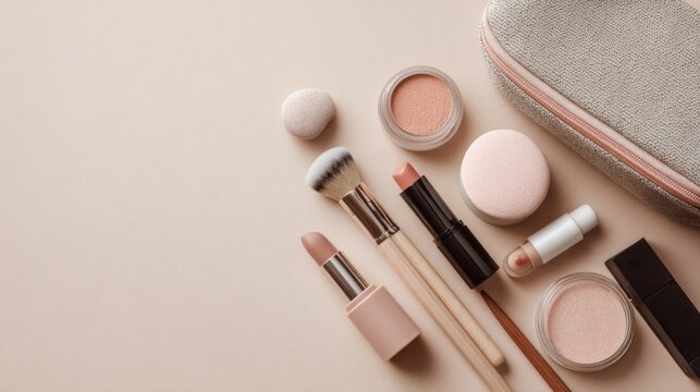 Minimal makeup flat lay with cosmetic pouch and beauty products on beige background