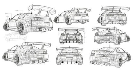 Set of racing car sketches from multiple angles. © Ali