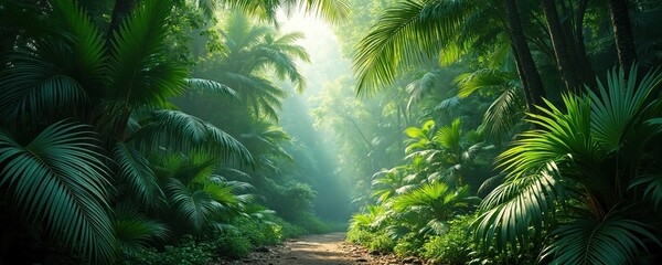 Fototapeta premium Dense green jungle with tall palm trees. Sunbeams pierce thick foliage, illuminating a dirt path. Lush vegetation creates a natural, humid atmosphere.