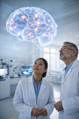 Researchers observing advanced artificial intelligence projections in laboratory setting