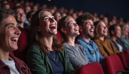 Fototapeta premium Group of young adults laugh watching movie in dark cinema. Friends enjoy film together in theater, share fun, good times. Diverse audience sits in red seats experiencing cinematic event.