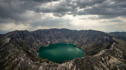 Stunning Volcanic Caldera Lake Under Dramatic Sky