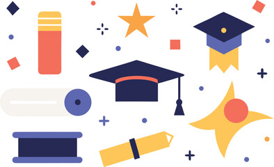 A colorful collection of graduation-themed icons and symbols, including caps, diplomas, and stars, on a white background. Vector, illustration
