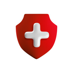 Vector cartoon 3d health protection icon. 3d render of red shield with white medical cross. First aid sign. Antivirus safety, healthcare, immunity, medical insurance symbol for app, web, design, game.