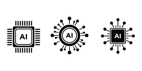 Obraz premium Artificial Intelligence Technology Icon Set Featuring Microchip Processor And Neural Network Symbols
