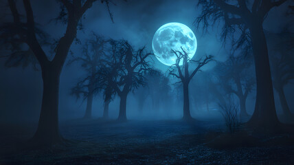 Fototapeta premium Full moon shining through a dark and foggy forest scene at night