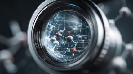 Close-Up of a Camera Lens Capturing Molecule Structures in a Scientific Exploration of Chemistry and Innovation