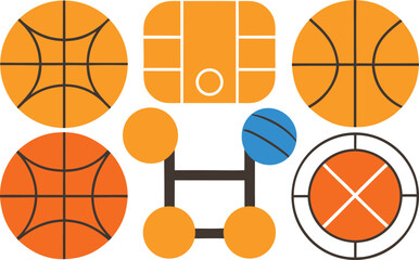 Collection of basketball-related icons and graphics including balls, court, and hoop Vector, illustration