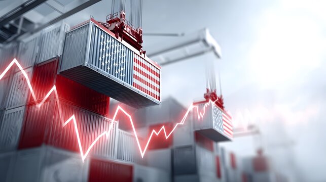 Visualizing economic trends a dynamic red line graph intersects shipping containers adorned with the United States flag within a bustling international port environment
