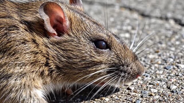 Closeup Brown Rat on Gravel Surface.