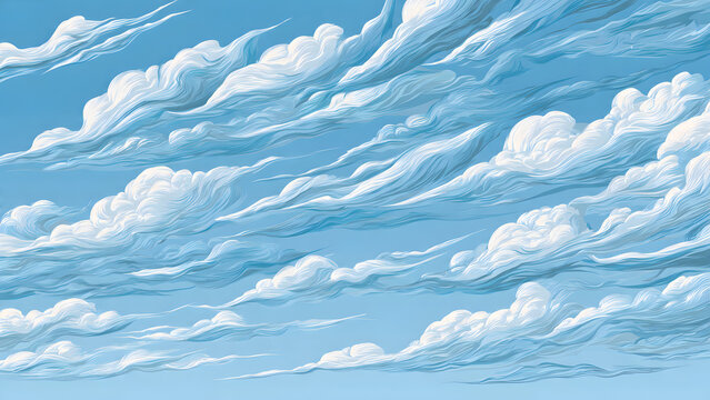 A dynamic ensemble of wind blown clouds with stretched elongated forms showing movement and direction across light blue sky, cartoon vector style