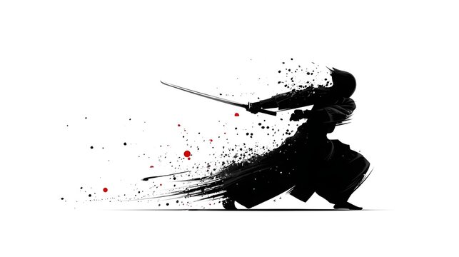 Abstract ic depiction of a martial in action sword raised body breaking into dynamic black and red ink splatters on white