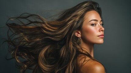 Naklejka premium Young caucasian female with flowing hair in profile pose against dark background.