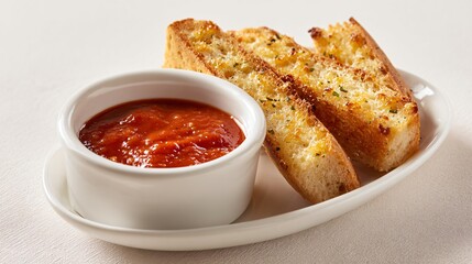 Garlic bread paired with marinara dipping sauce in ceramic ramekin, minimal white tabletop, clean commercial stock composition