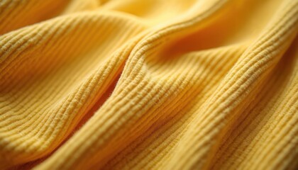 Fototapeta premium Soft yellow corduroy fabric texture closeup. Draped textile with ribbed wales creates a warm, cozy visual appeal. Ideal for fashion, home decor, and upholstery.
