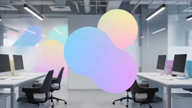 Modern office space with computers and colorful decor