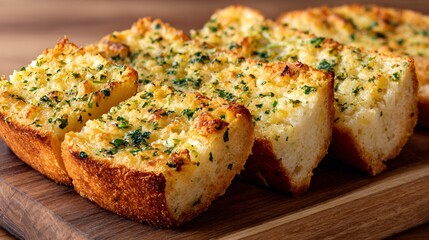 Fototapeta premium Garlic bread photographed from low side angle emphasizing thickness and texture, neutral studio background