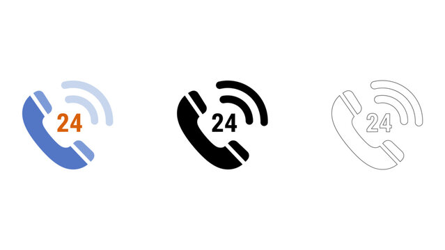 set of three icons representing 24 hour phone support, showcasing nonstop customer assistance and call support availabil