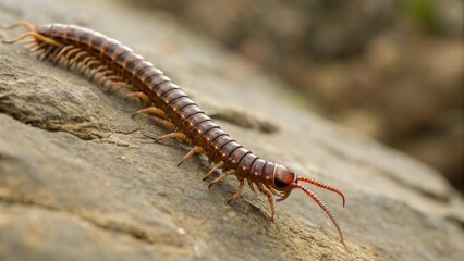 Obraz premium Close Up Centipede with Detailed Segmented Body and Multiple Legs on Natural Surface