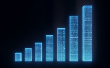 Obraz premium Blue glowing holographic bars rise in ascending order, symbolizing growth and data analytics.