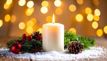 A lit white candle sits amongst Christmas decorations on a snowy wooden surface with blurred warm lights in background