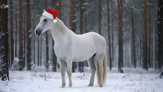 White horse wearing a Christmas hat in a snowy forest