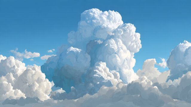 A majestic set of towering cumulonimbus clouds with impressive vertical height and powerful anvil shaped tops on light blue background