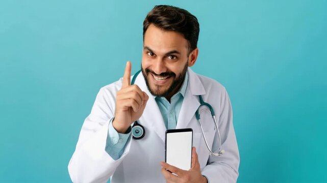 A smiling doctor holding a smartphone, offering health advice and a sense of trust and professionalism.