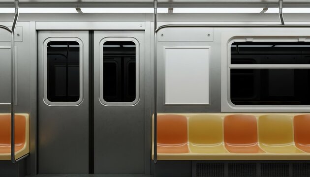 Empty subway train interior with blank ad poster mockup and classic orange and yellow seats, urban public transport background