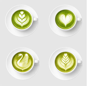 Four cups of matcha green tea with different designs on them. The designs include a heart love, a Rosetta, a Tulip, and a swan