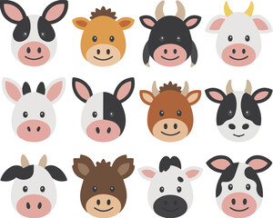 Obraz premium Set of cartoon cow heads in various expressions and styles, isolated on a white background. Perfect for kids, farm, education, games, and fun illustration projects.